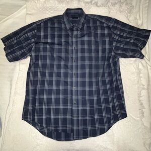 Men's Short Sleeve Plaid Button-Down Shirt - Navy
